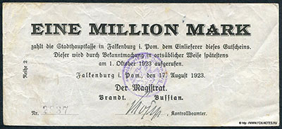 Stadt Falkenburg i. Pom. Gutschein Falkenburg i. Pom. 1 Million Mark, den 17 August 1923.