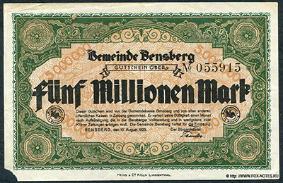 Gemeinde Bensberg. Gutschein 5 Millionen Mark. 10. August 1923.