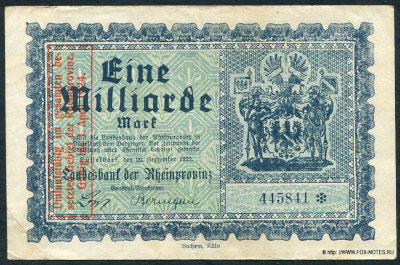 Landesbank der Rheinprovinz. Gutschein 1 Milliarde Mark. 20. September 1923.