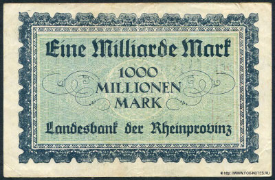 Landesbank der Rheinprovinz. Gutschein 1 Milliarde Mark. 20. September 1923.