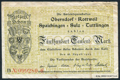 Amtskörperschaften Oberndorf, Rottweil, Spaichingen, Sulz und Tuttlingen. Schein 500000 Mark. 28. August 1923.