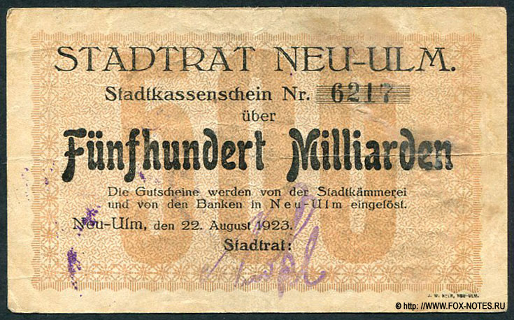 Stadt Neu-Ulm. Stadtkassenschein 500 Milliarden Mark. 22. August 1923.