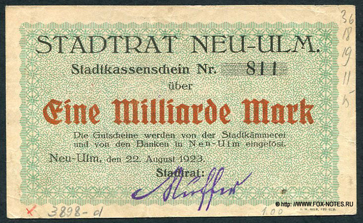 Stadt Neu-Ulm. Stadtkassenschein 1 Milliarde Mark. 22. August 1923.