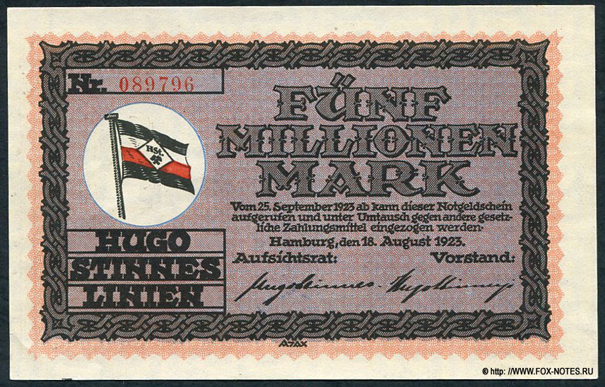 Hugo Stinnes Linien. Notgeldschein 5 Millionen Mark. 18. August 1923.