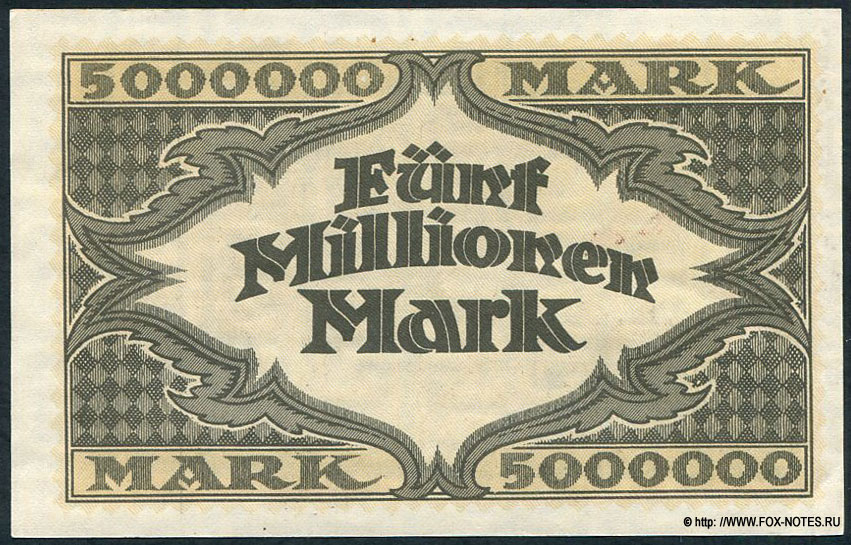 Hugo Stinnes Linien. Notgeldschein 5 Millionen Mark. 18. August 1923.