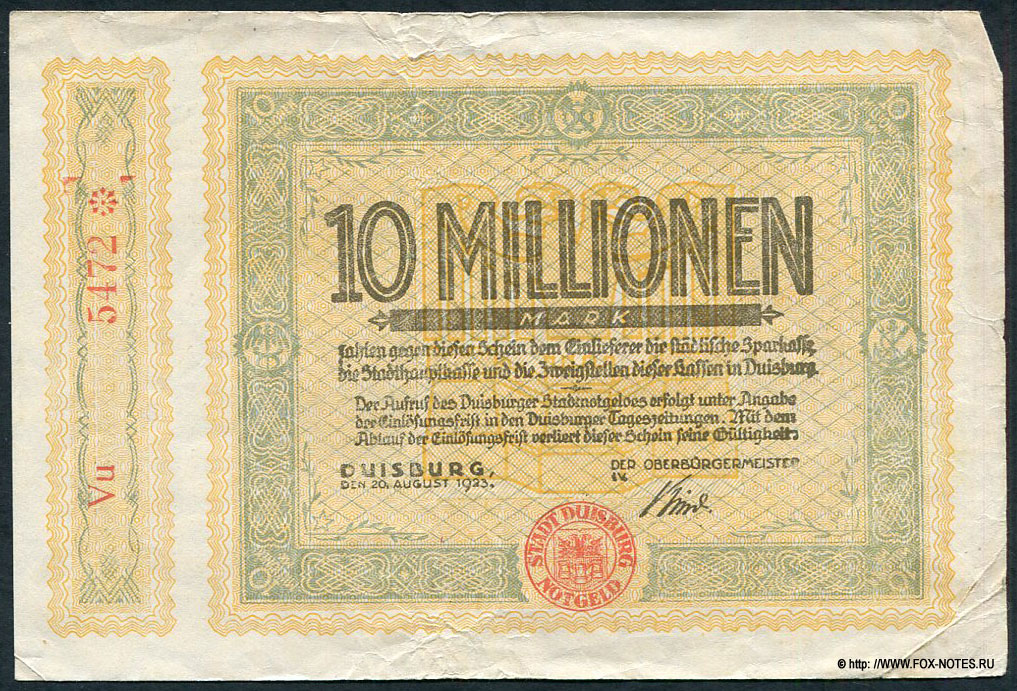 Stadt Duisburg Notgeld 10 Millionen Mark. 20. August 1923.