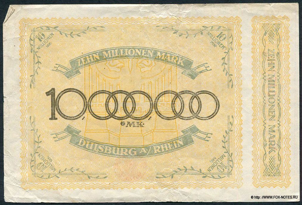 Stadt Duisburg Notgeld 10 Millionen Mark. 20. August 1923.