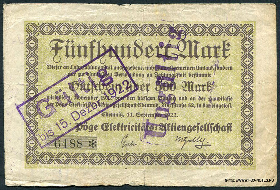 Pöge Elektrizitäts-Aktiengesellschaft. Gutscheine 500 Mark. 11. September 1922.