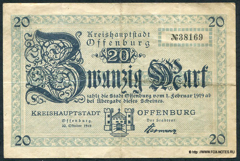 Kreishauptstadt Offenburg. Scheine 20 Mark. 22. Oktober 1918.