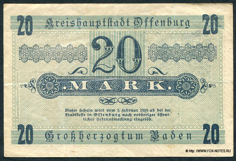 Kreishauptstadt Offenburg. Scheine 20 Mark. 22. Oktober 1918.