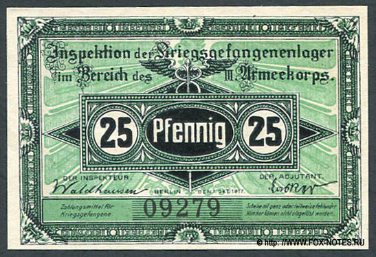 Havelberg. Inspektion der Kriegsgefangenenlager im Bereich des III Armeekorps 25 Pfennig. 1. Oktolber 1917.