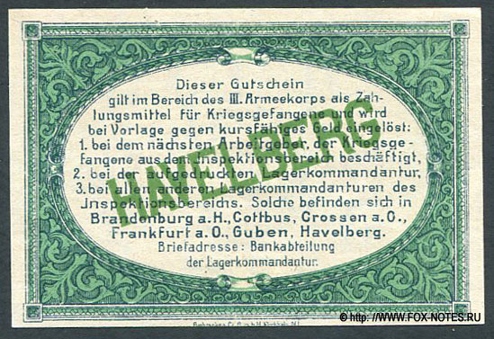Havelberg. Inspektion der Kriegsgefangenenlager im Bereich des III Armeekorps 25 Pfennig. 1. Oktolber 1917.