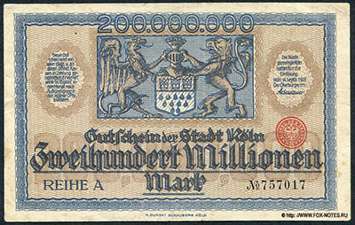 Stadt Köln. Gutschein 200 000 000 Mark. 14. September 1923.