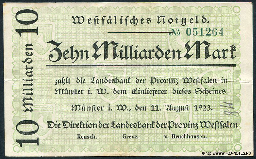 Landesbank der Provinz Westfalen, Münster. Westfalische Notgeld- Scheine 10 Milliarden Mark. 11. August 1923. 