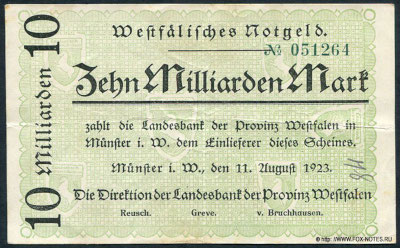 Landesbank der Provinz Westfalen, Münster. Westfalische Notgeld- Scheine 10 Milliarden Mark. 11. August 1923. 