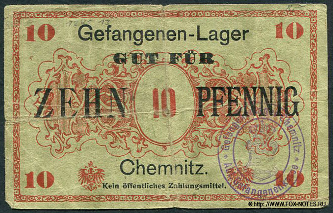 Deutsches Reich. Gefangenen-Lager Chemnitz. 10 Pfennig