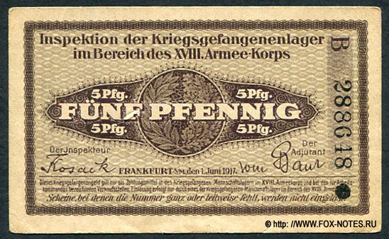 Frankfurt am Mein. Inspektion der Kriegsgefangenenlager im Bereich des XVIII Armeekorps. Schein 5 Pfennig. 1. Juni 1917.