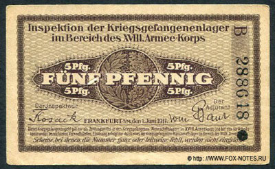 Frankfurt am Mein. Inspektion der Kriegsgefangenenlager im Bereich des XVIII Armeekorps. Schein 5 Pfennig. 1. Juni 1917. 