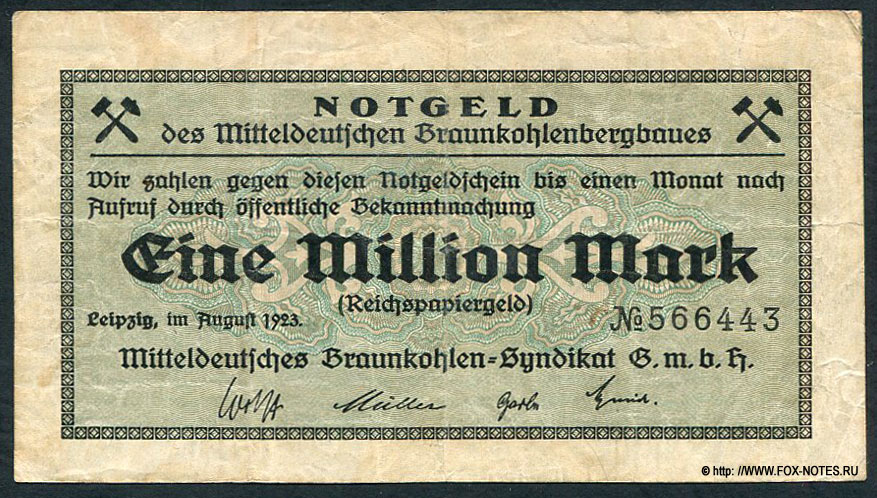 Notgeld des Mitteldeutsches Braunkohlenbergbaues 1 Million Mark. August 1923.