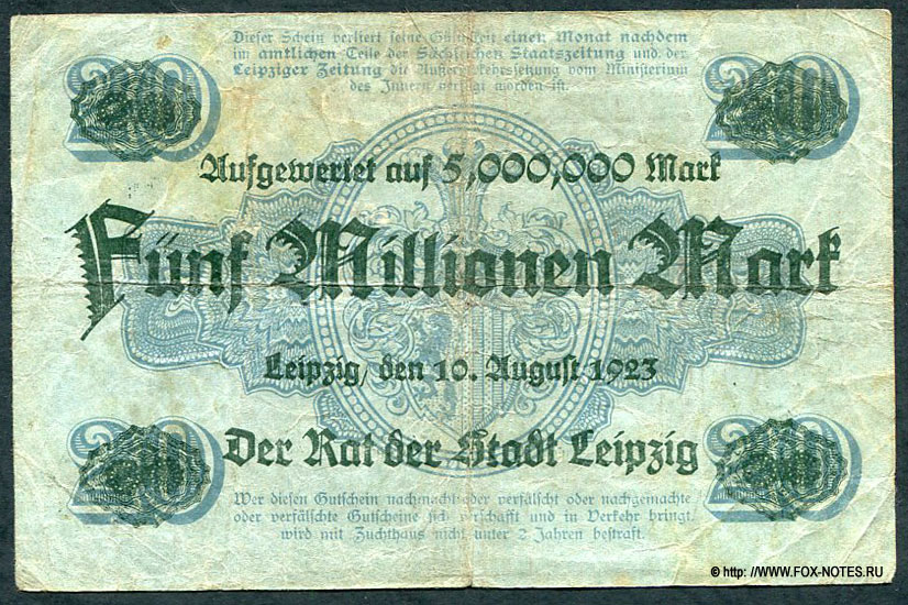 Bezirk der Stadt Leipzig 5 Millionen Mark. 1923.