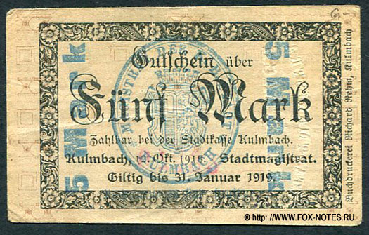 Stadt Kulmbach Gutschein. 5 Mark. 1. Oktober 1918.