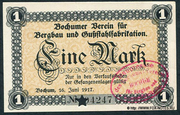 Bochumer Verein für Bergbau und Gußstahlfabrik. Gutschein 1 Mark. 16. Juni 1917.