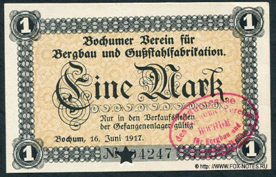 Bochumer Verein für Bergbau und Gußstahlfabrik. Gutschein 1 Mark. 16. Juni 1917.