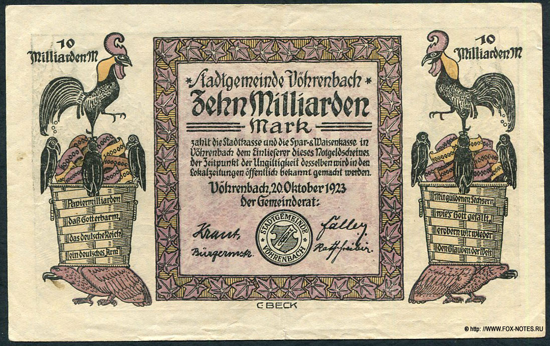 Stadtgemeinde Vöhrenbach 10 Milliarden Mark 1923