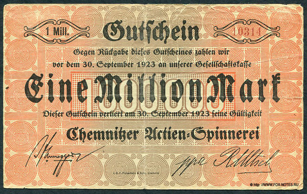 Chemnitzer Actien-Spinnerei 1 Millionen Mark. 30. September 1923.