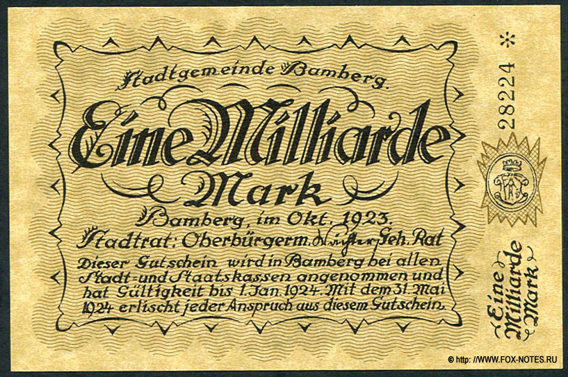 Gutschein der Stadt Bamberg 1 Milliarde Mark. Oktober 1923.