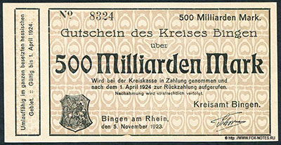 Kreises Bingen. Gutschein des Kreises Bingen 500 Milliarden Mark. 5. November 1923. 