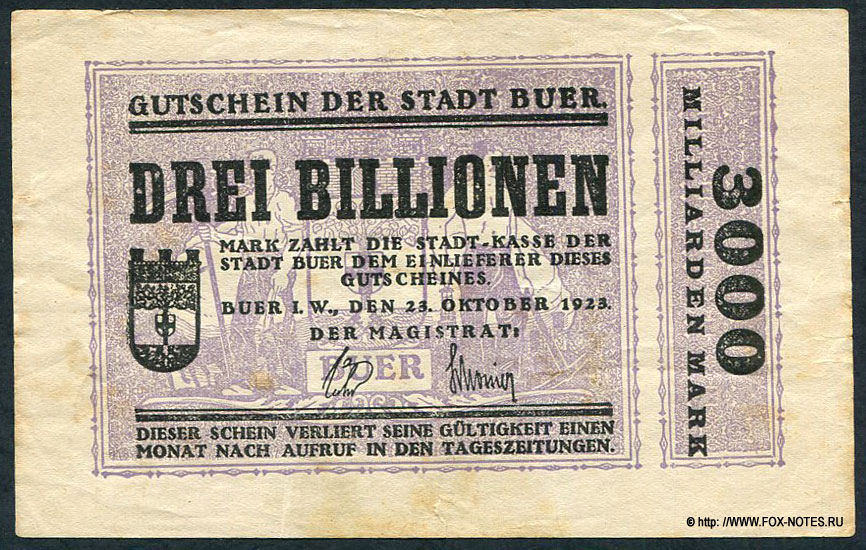 Stadt Buer. Gutschein der Stadt Buer 3 Billionen Mark. 23. Oktober 1923.