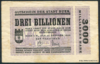 Stadt Buer. Gutschein der Stadt Buer 3 Billionen Mark. 23. Oktober 1923.