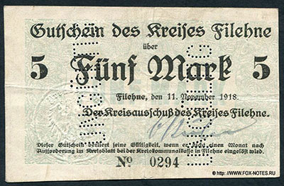 Gutschein der Kreises Filehne 5 Mark. 11. November 1918.