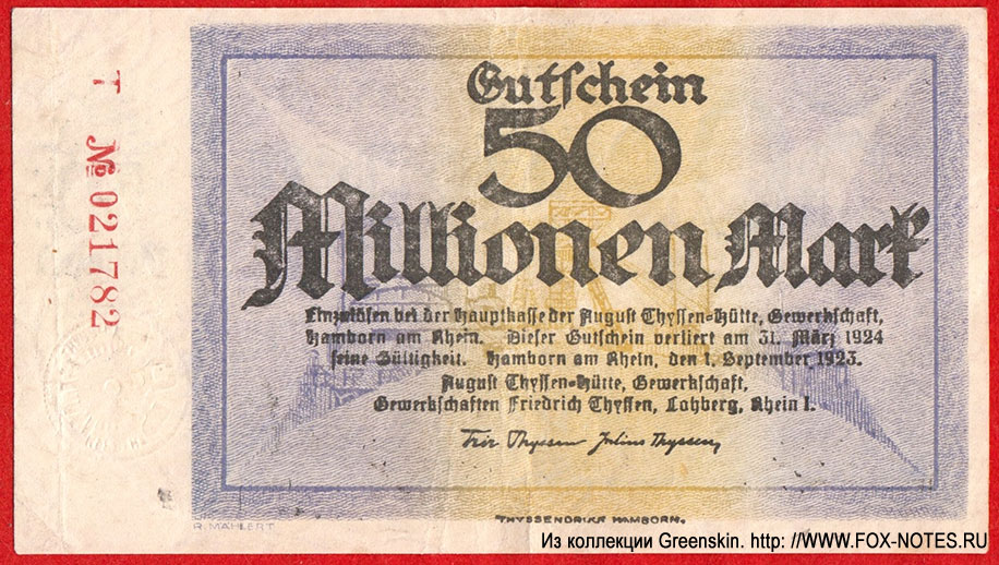 Hamborn, Rheinprovinz. August Thyssen-Hütte, Gewerkschaften Friedrich Thyssen, Lohberg. 50 Millionen Mark 1923