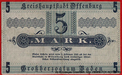 Kreishauptstadt Offenburg 5 Mark 1918 Notgeld