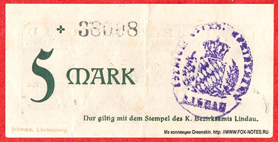 Kriegs-Notgeld für die Distriktsgemeinden Lindau und Weiler. 5 Mark. Lindau, 10. OKTOBER 1918.