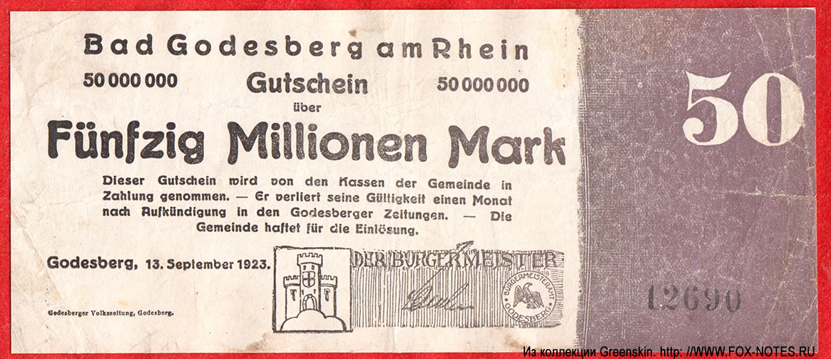 Sankt Bad Godesberg am Rhein Gutschein 50 Millionen Mark. 13. September 1923.