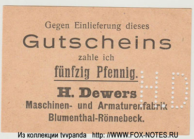 Dewers, H., Maschinen- u. Armaturenfabrik Gutschein. 50 Pfennig.