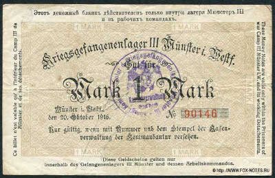 Gefangenenlager III. Münster Westfalen 1 Mark 1916
