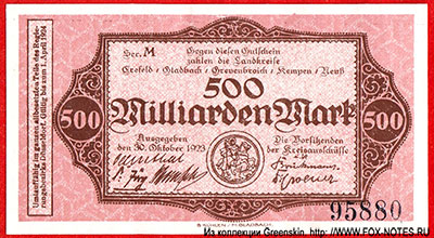 Landkreise Crefeld, Gladbch, Grevenbrich, Kempen und Neuß. Gutscheine. 50 Milliarden Mark. 30. Oktober 1923. 