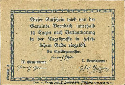 Gemeinde Dornbach Kassenschein 50 heller 1920 Notgeld