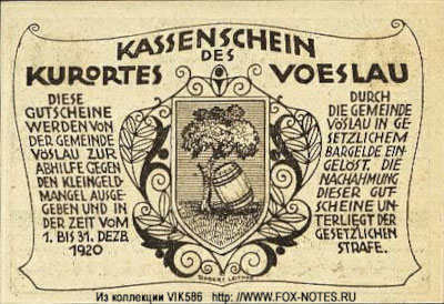 Kassenschein des Kurortes Voeslau 10 Heller 1920