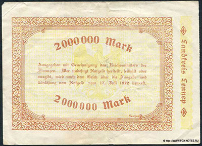 Landkreis Lennep 2 Millionen Mark 1923
