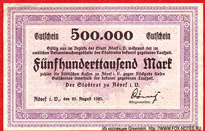 Stadt Adorf 500000 Mark. Adorf i. V., den 25. August 1923.