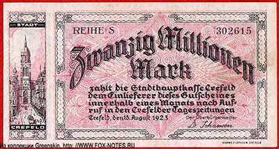 Stadthauptkasse Crefeld Gutscheine. 20 Millionen Mark. 15. August 1923.