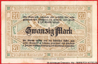Haupt- und Residenz-Stadt Karlsruhe. Gutschein 20 Mark. 16. Oktober 1918.