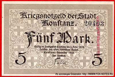 Kriegsnotgeld der Stadt Konstanz. 5 Mark. November 1918.