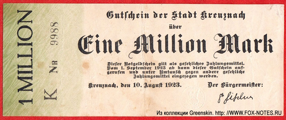 Stadt Kreuznach. Gutschein 1 Million Mark. 10. August 1923.