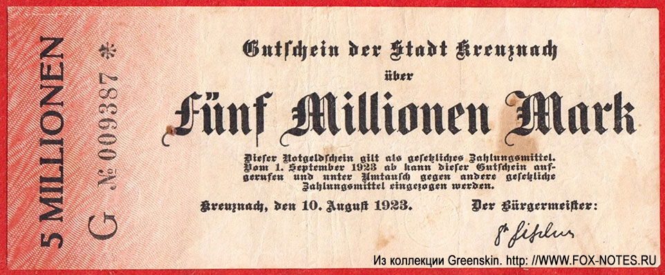 Stadt Kreuznach. Gutschein 5 Million Mark. 10. August 1923.